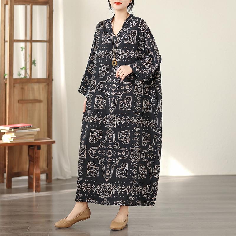 DIMANAF Neues Plus Size Damen Frühling Sommer Langes Kleid Locker Basic Vintage Oversize Langarm Maxi Geblümt 2026