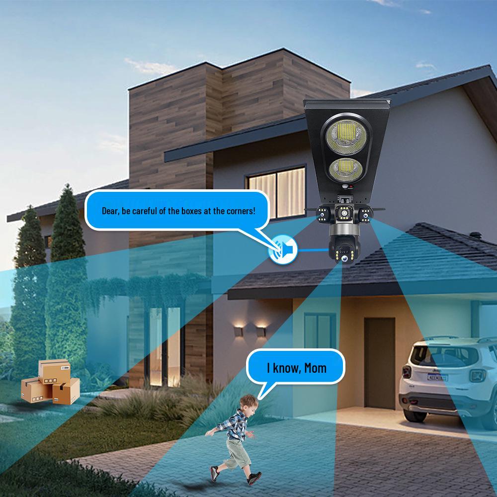 V380 Three-Screen Solar-Powered Smart Outdoor Camera with Remote-Controlled Street Light