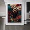 Afro Girl with Flowers Wall Art Pictrues African Beauties Flowers Fashion Canvas Painting Prints Posters for Living Room Decor