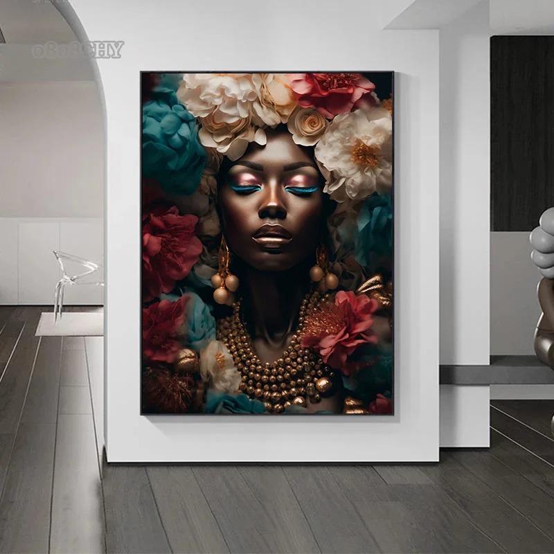 Afro Girl with Flowers Wall Art Pictrues African Beauties Flowers Fashion Canvas Painting Prints Posters for Living Room Decor