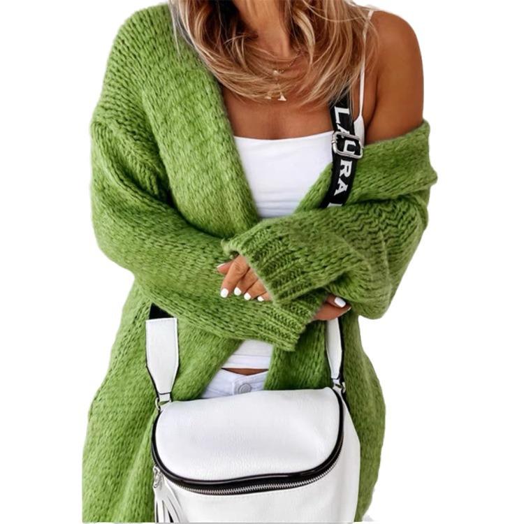 Women's Knitted Long Sleeve Mid-Length Cardigan Sweater for Autumn and Winter