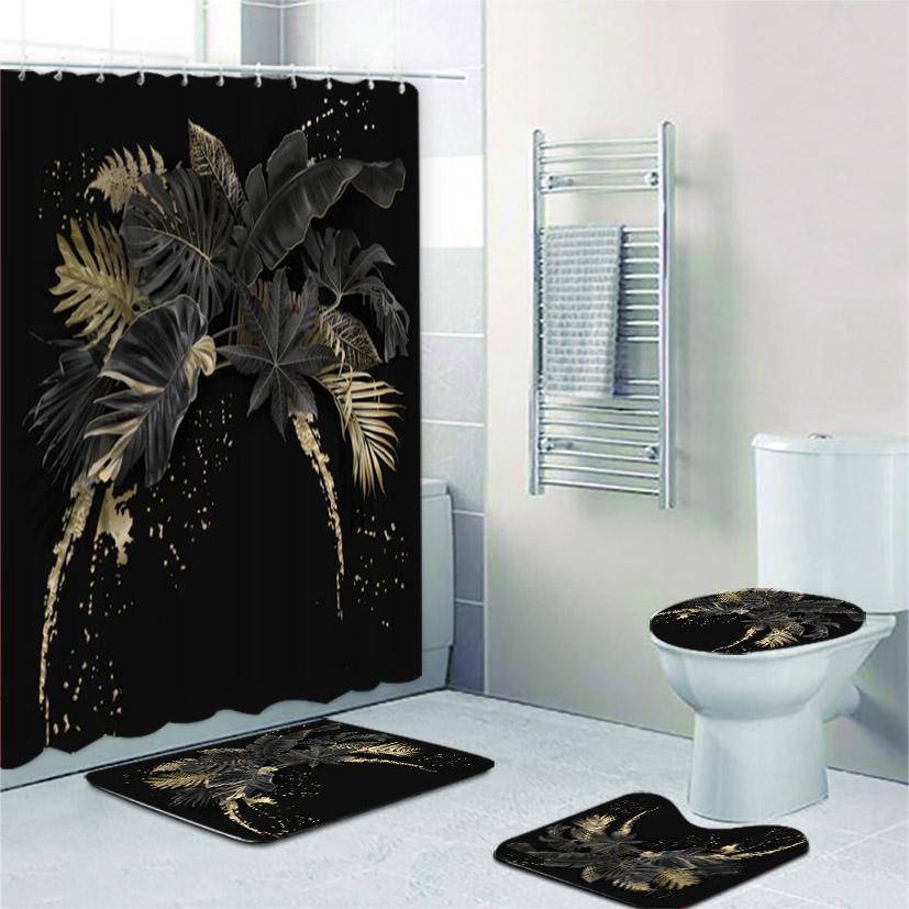 Black And Gold Tropical Plant Palm Leaf Bathroom Shower Curtain Set For Bathtub Exotic Leaves Bath Mats Rugs Toilet Home Decor