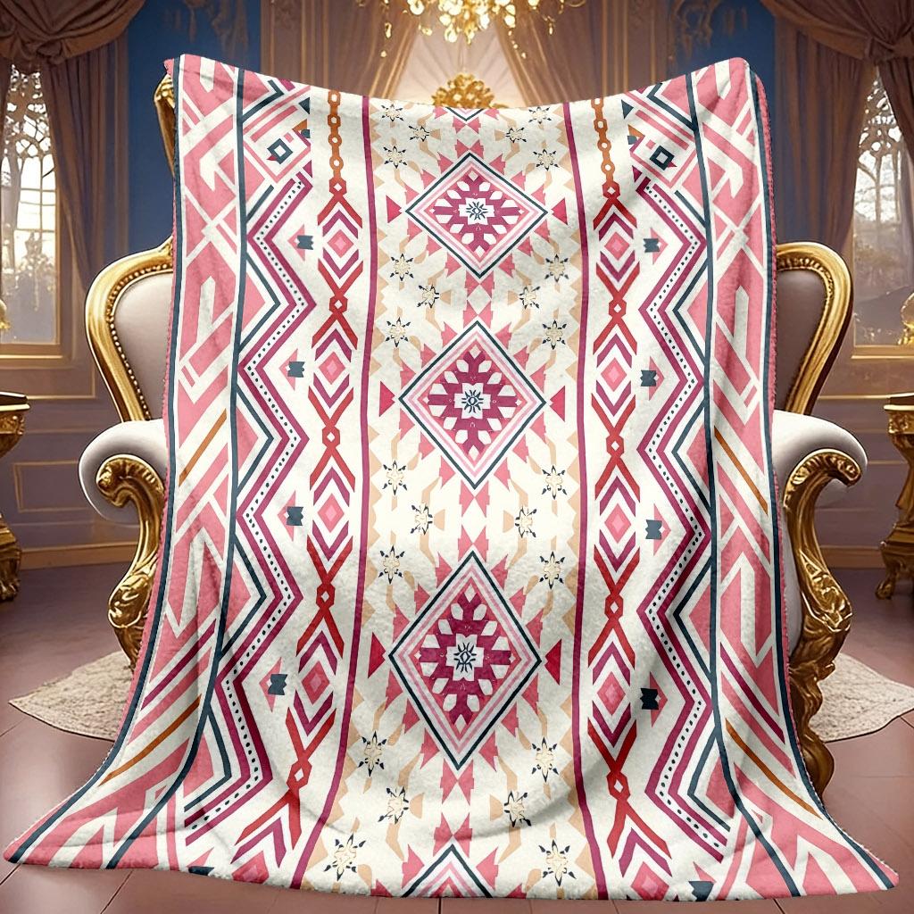 1pc 2D Ethnic Style Geometric Pattern Theme Fleece Blanket, Soft HD Digital Print, Cooling Blanket All-Season Use! Soft And Breathable 100% Polyester