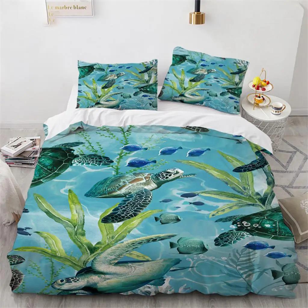 Housse de couette Tortue Marine Style Méditerranéen Poulpe Hippocampe Imprimé Animal Marin Ensemble de Literie Design sur le Thème Marin avec Taies d'Oreiller EU single(135x200cm)