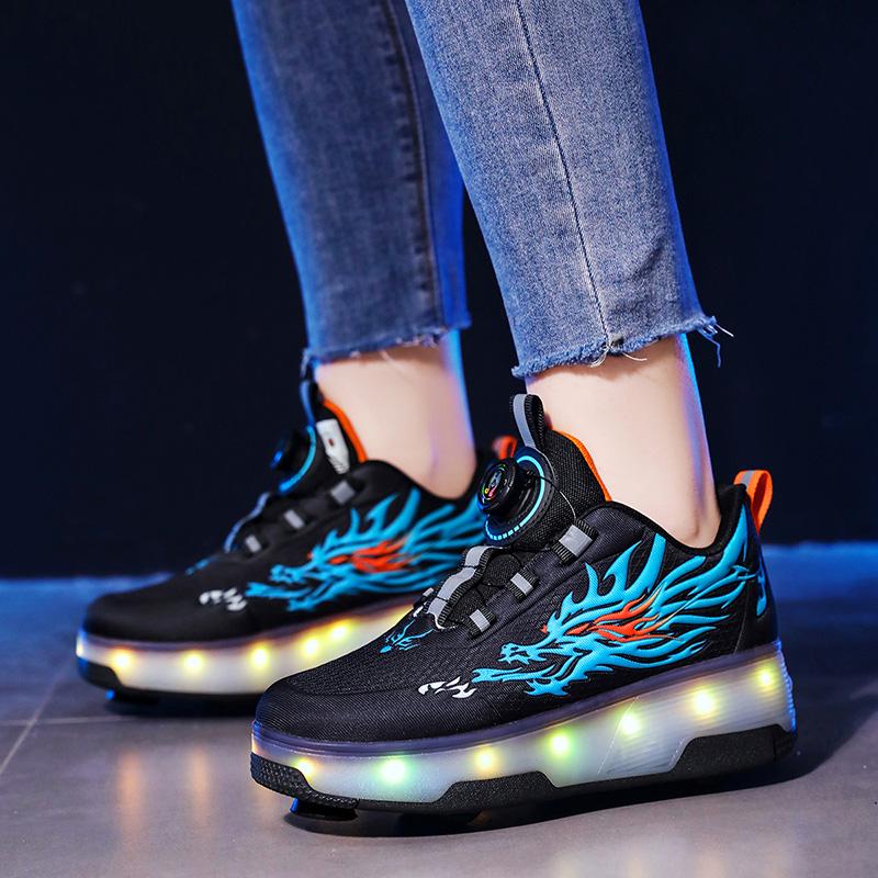 Children's Roller Skates Removable Flat Charging LED Four Wheels Glowing Sports Shoes Pink Women's Glowing Sneakers