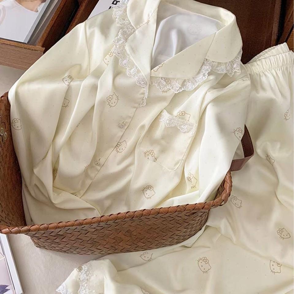 Kitty cat pajamas women's ice silk autumn and winter long-sleeved trousers set lace-edged silk loungewear can be worn outside