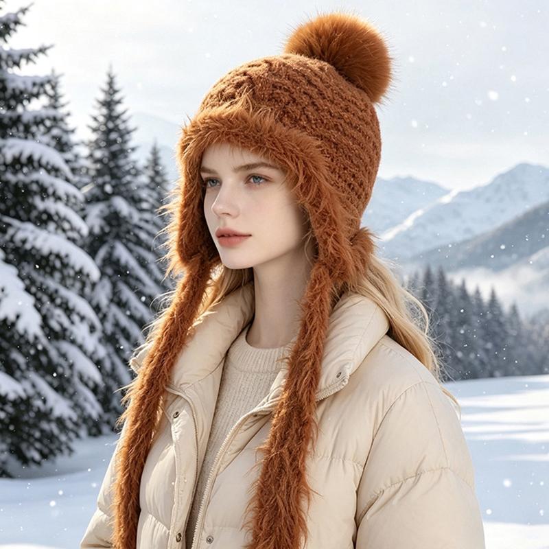Fluffy Knit Trapper Hat Women Winter Warm Ear Flap Beanie with Pom Pom Soft Furry Ski Cap