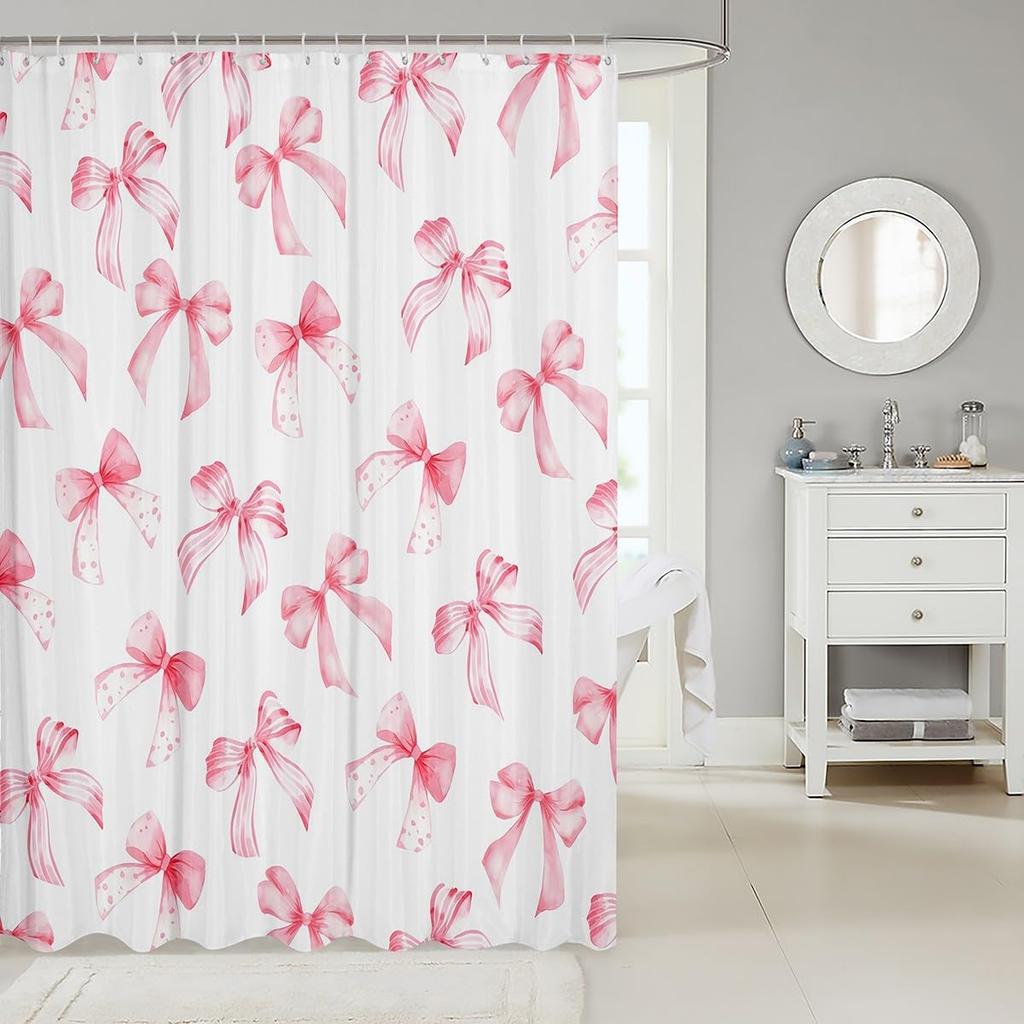 Feelyou Pink Bow Bath Curtain for Kids Boys Girls 72"x72" Cute Dreamy Princess Style Shower Curtain Waterproof Bow Pattern Bathroom Shower Curtain