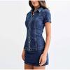 Women Single-breasted Splice Short Sleeve Jackets Slim Fit Denim Two Piece Sets Straight Wrap Hip Ultra Short Skirt Female Suits