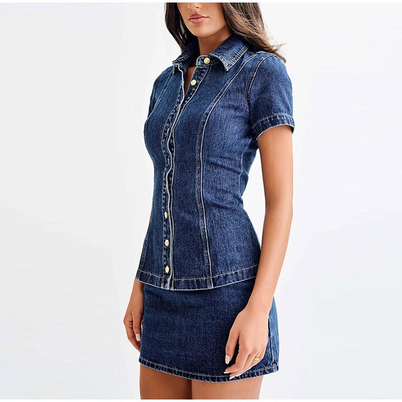 Women Single-breasted Splice Short Sleeve Jackets Slim Fit Denim Two Piece Sets Straight Wrap Hip Ultra Short Skirt Female Suits