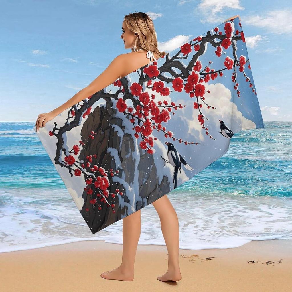 Artistic Winter Plum Blossom Beach Towel, Ink Floral Quick Dry Absorbent, Lightweight Sand Free Travel Pool Spa Essentials