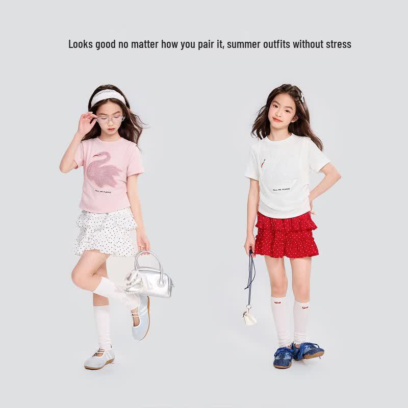 Girls' 100% Cotton Little Swan Cartoon Short Sleeve T-Shirt