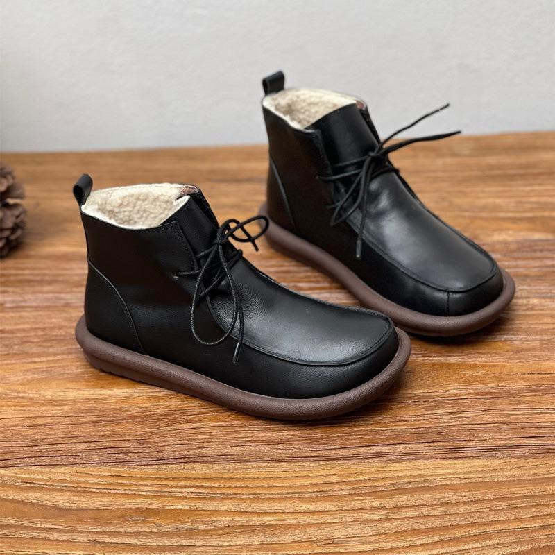 Echte Lederstiefel aus Baumwolle, handgefertigt, Vintage, runde Zehenpartie, flache Unterseite, warme Stiefel aus Rindsleder