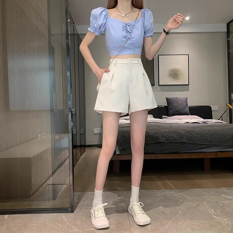 

2024 High-Waisted Black A-Line Wide-Leg Suit Shorts for Women - Plus Size, Casual Slimming Fit, Spring/Summer 2XL [For 131-147 lbs]