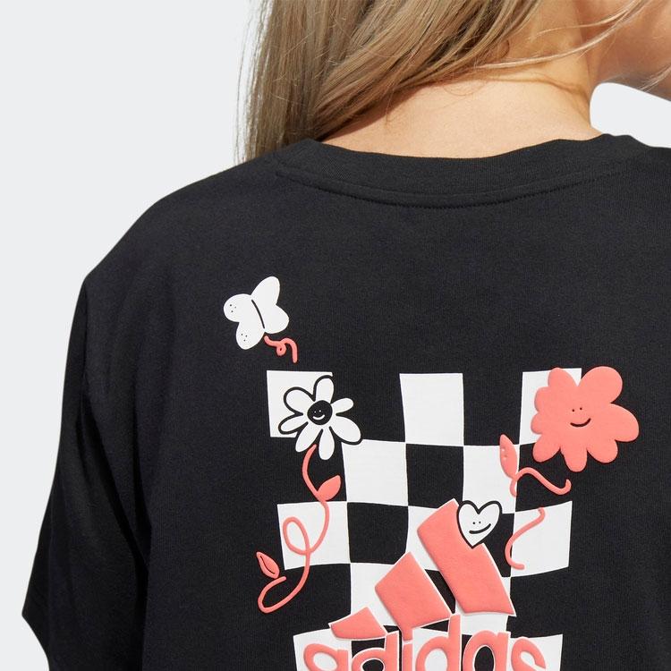 Adidas Floral Cartoon Print Round Neck Pullover Short Sleeve Dress Women Dress Black H57414