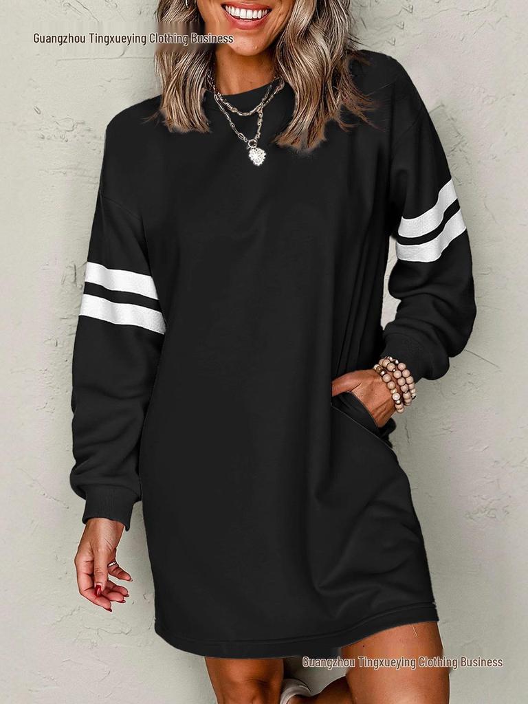 Striped Color Block Drop Shoulder Women's Casual Loose Pullover Dress for Autumn/Winter