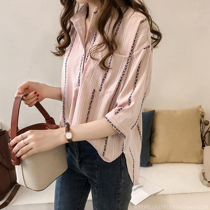 Korean Female Casual Striped Printed Blouse Fashion Summer Commute 3/4 Sleeve All-match Polo-Neck Button Shirt Women's Clothing