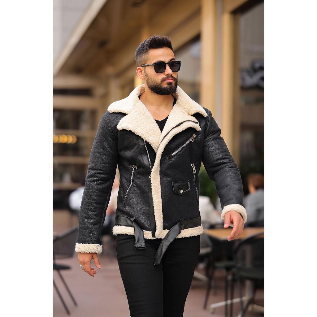 Laminated Leather Double-breasted Coat With Complete Fur Inside