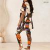 Women Plus Size Two Piece Set Round Neck Short Sleeve Cartoon Lamb Printed Top Fitted Long Pants