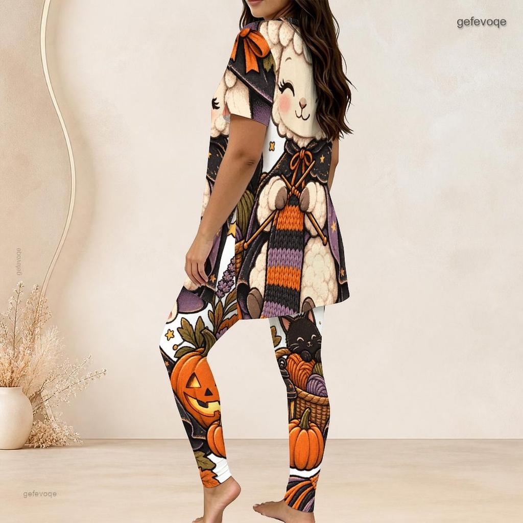 Women Plus Size Two Piece Set Round Neck Short Sleeve Cartoon Lamb Printed Top Fitted Long Pants