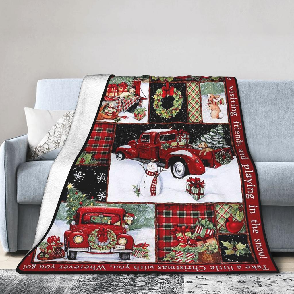 Red Truck Christmas Fleece Throw Blanket Nordic Merry Christmas New Year Blanket for Home Outdoor Super Warm Plush Thin Quilt