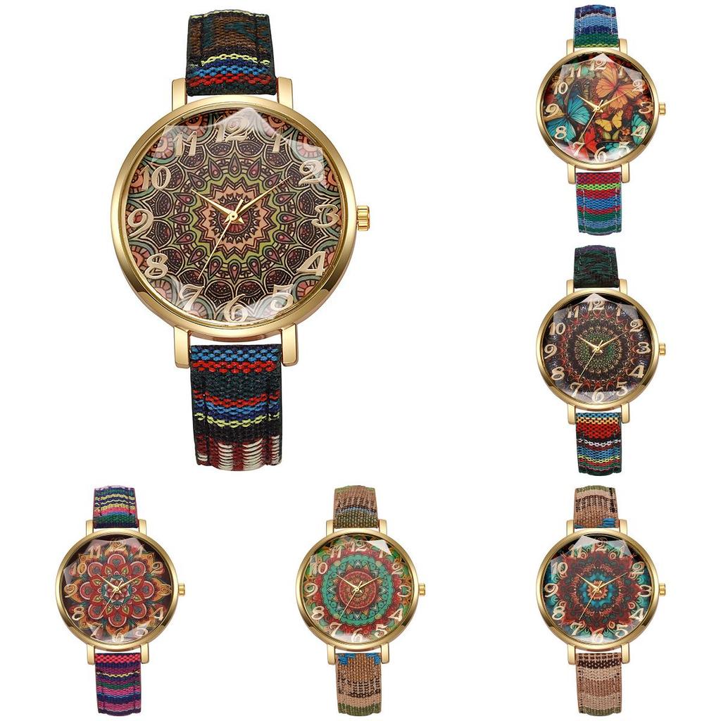 Vintage Ethnic Style Womens Quartz Watch With Colorful Canvas Strap For Casual Fashion And Gift