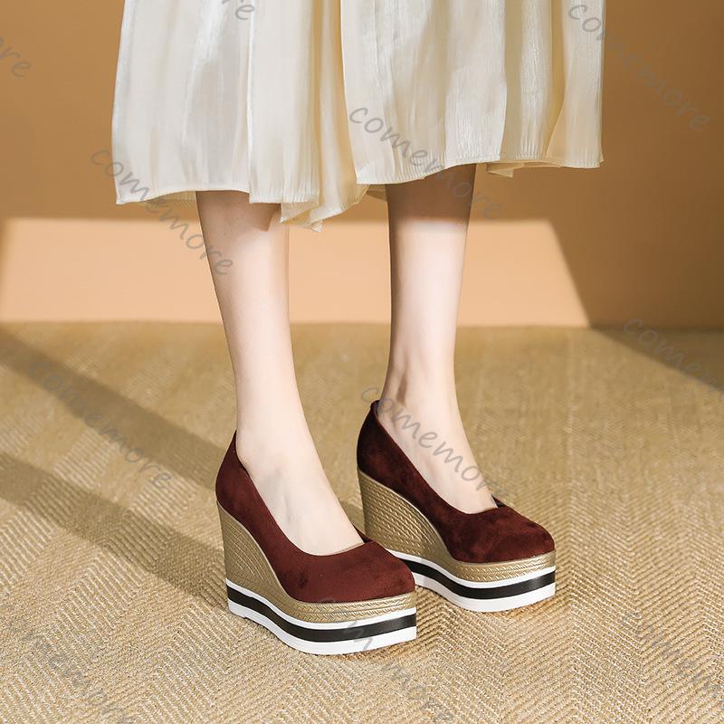 Fashion Comemore Platform Wedge Heel Single Shoes for Women Spring Autumn Elegant Suede Pumps Shallow Mouth Round Head High Heels Shoes