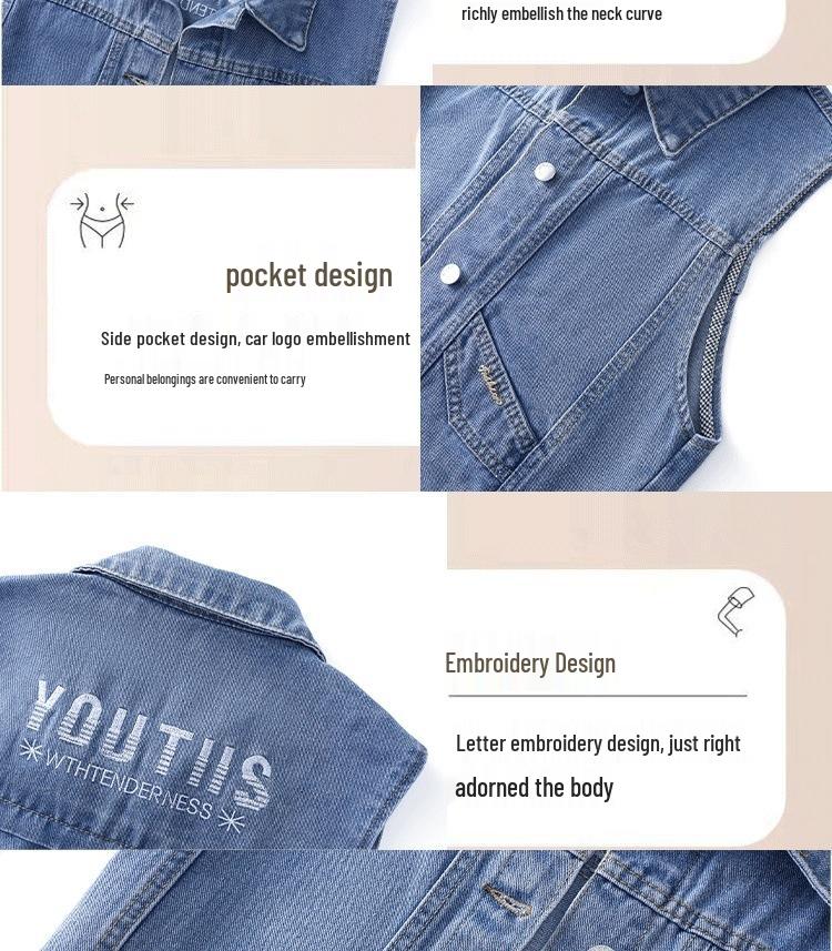 Women's Plus Size Embroidered Denim Vest with Big Pockets - Autumn Sleeveless Cardigan