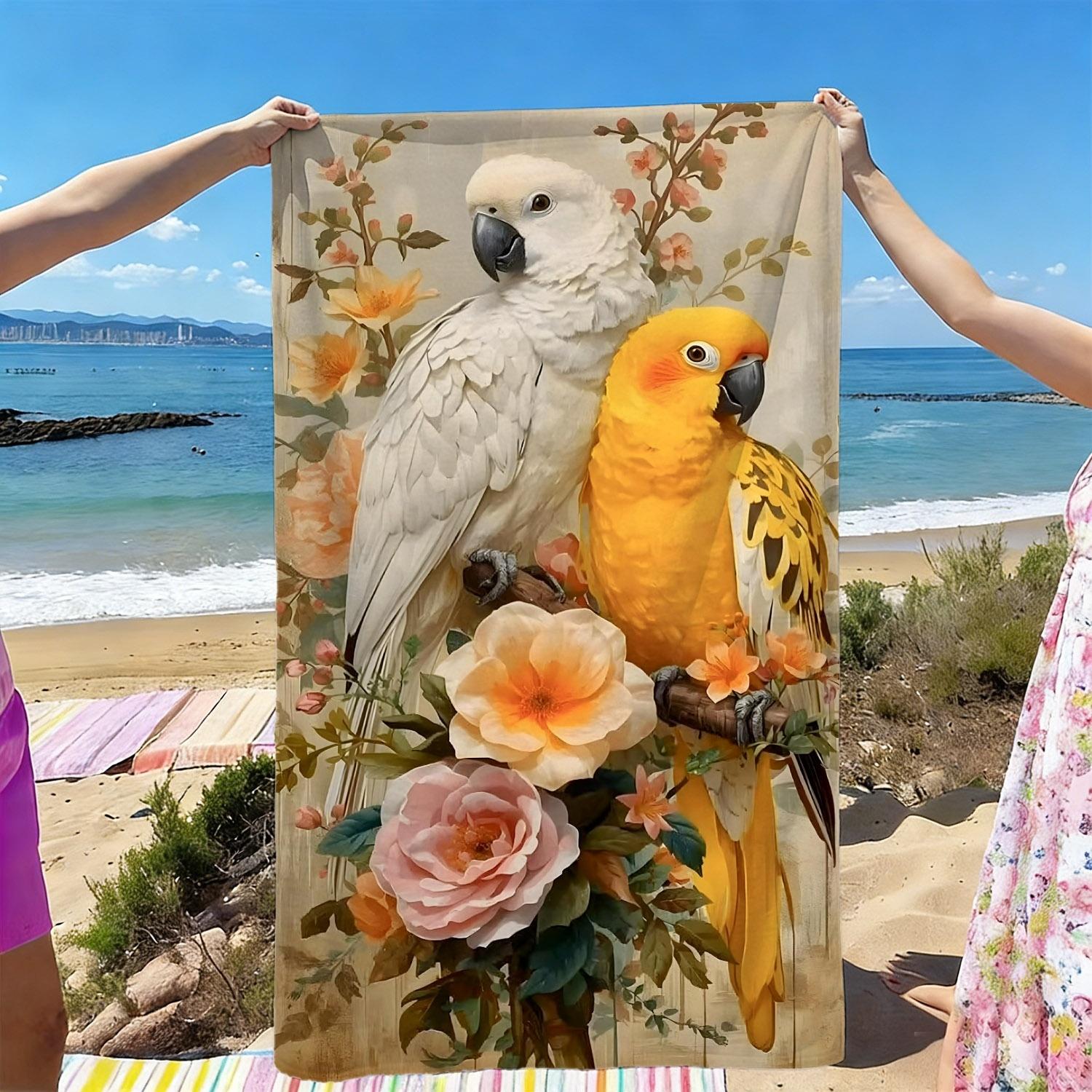 

Exquisite parrot and flower patterns polyester microfiber beach towel is highly absorbent, suitable for swimming beach outings W40*H60(CM)