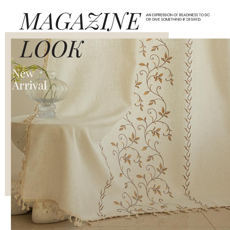 American Style Cotton Linen Fringe Embroidered Floral Semi Blackout Short Curtains for Living Room Bedroom Balcony Kitchen