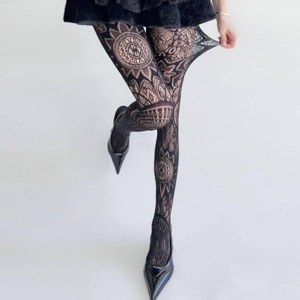 Bas résille punk creux à la mode Y2K Pantyhose en dentelle florale gothique Bas en résille sexy à motifs rétro pour femmes