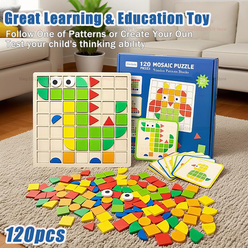 NEW Wooden Montessori PuzzleToy Mosaic Color Shapes Sensory Game Early Educational Toy Jigsaw Pattern Blocks for Toddler's Gifts