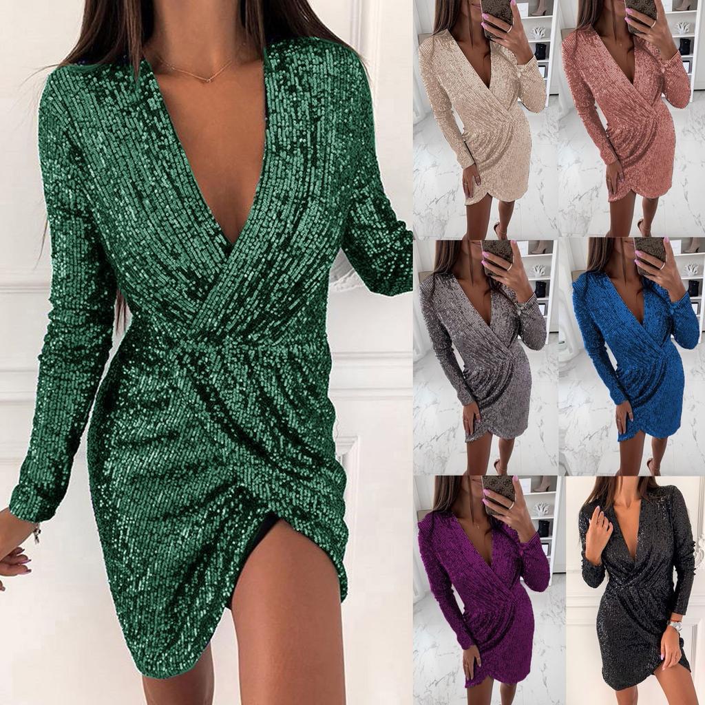 Women's New Solid Color V-Neck Sexy Sequined Lace Mesh Stitching Hem Slit Dress