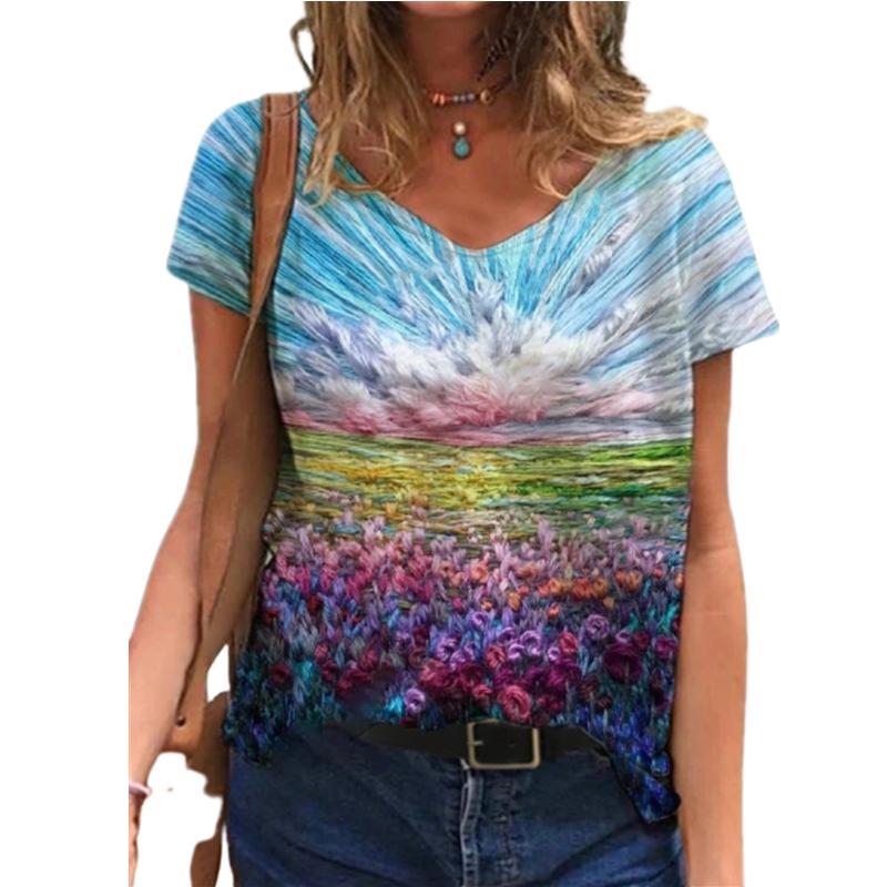 Fashion Print V-Neck Women T Shirt Casual Loose Streetwear Ladies  Size Beach Short Sleeve T Shirt Female Pullover Tops Tee