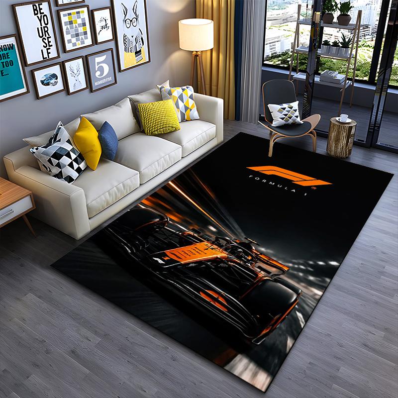 F1 Racing Area Rug, Formula 1 Orange Race Car Night Track Motion Speed Print, Motorsport Garage Decor, Non-Slip Mat