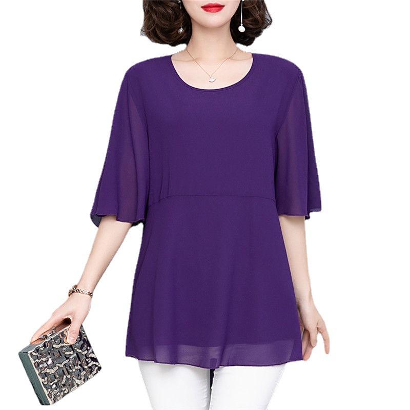 Plus Fat Plus Size Western-style Chiffon Shirt Women's Short-sleeved Summer Loose Fat Mm Cover Belly Top Middle-sleeved Mother's Small Shirt
