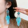 1 Pair Ethnic Colorful Natural Feather Earrings For Women Retro Long Rhinestone Crystal Leaf Dangle Earrings Boho Vacation Jewel
