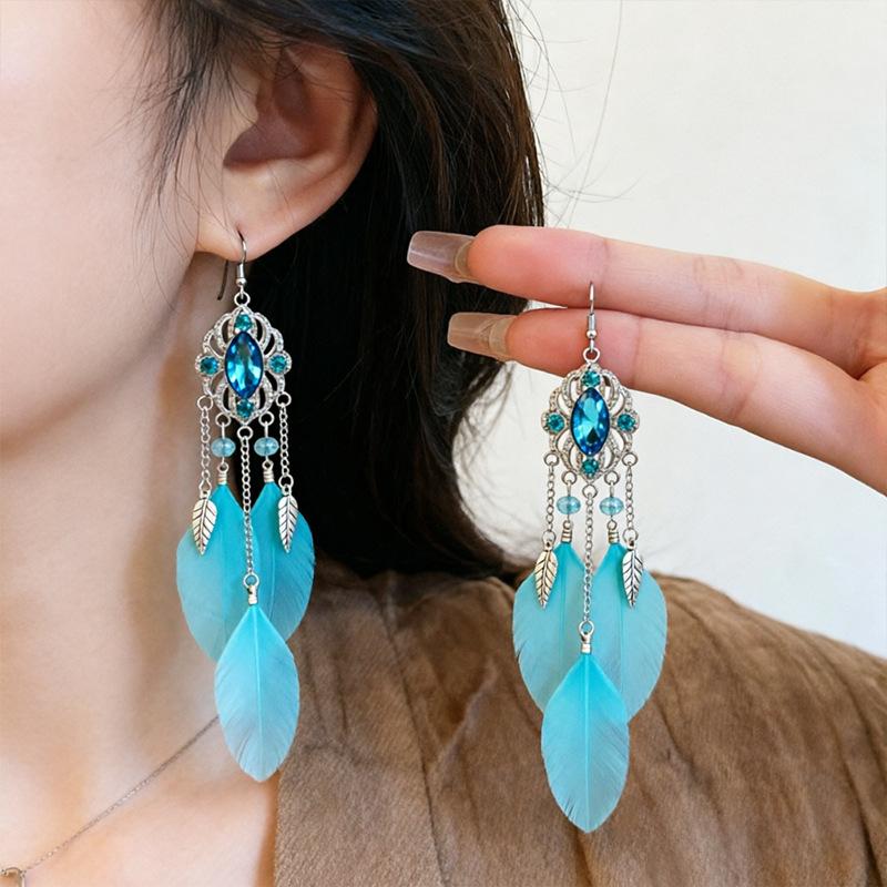 1 Pair Ethnic Colorful Natural Feather Earrings For Women Retro Long Rhinestone Crystal Leaf Dangle Earrings Boho Vacation Jewel
