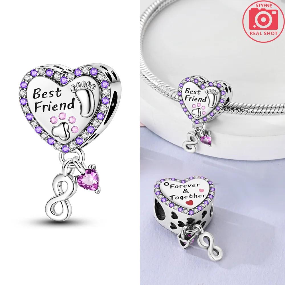 Original 925 Silver Bracelet Women Jewelry Diy Childish Fine Gift Charms Beads Pink Claw Bones Running Dog Pendant Heart Beads