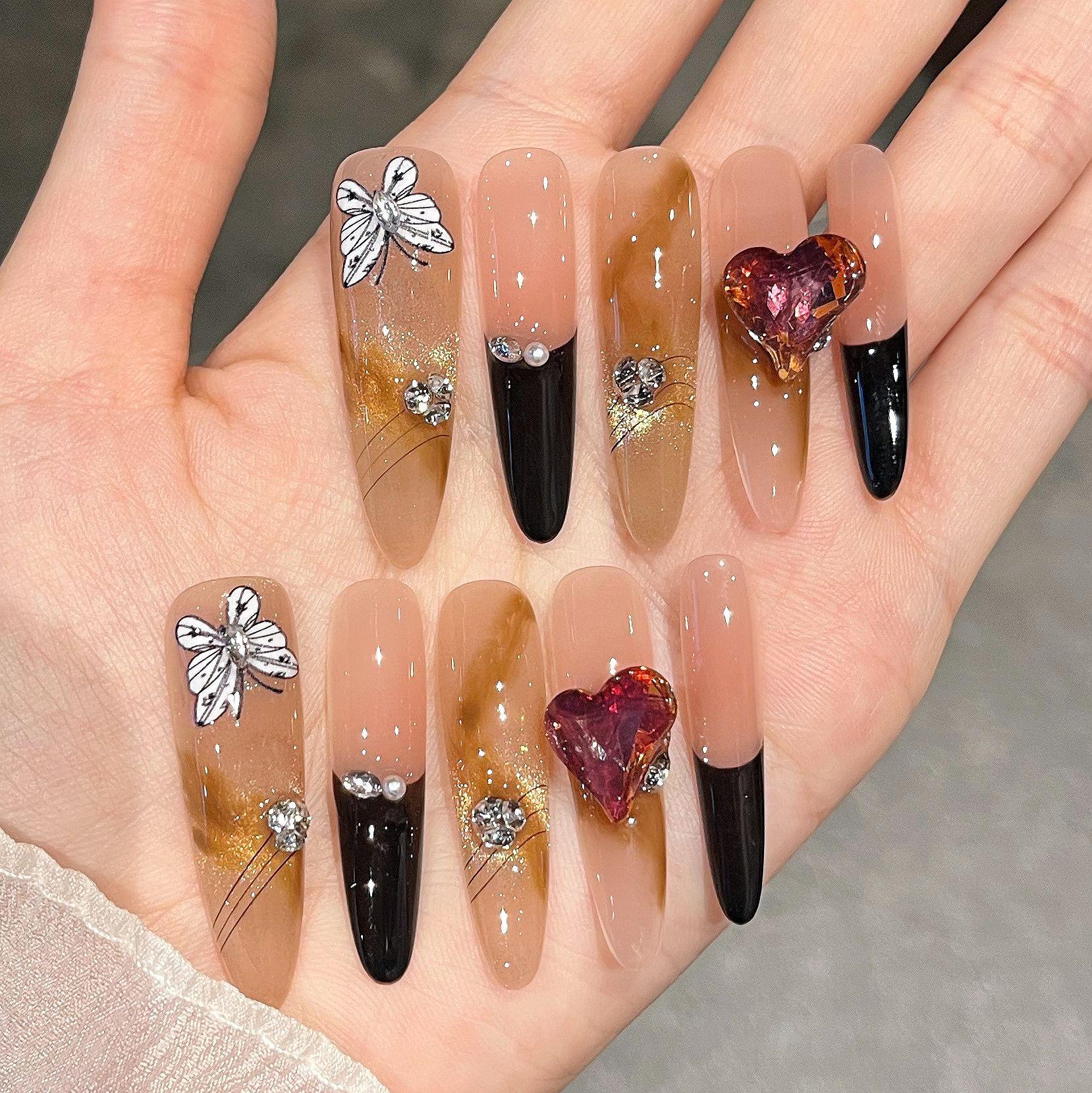 Handmade French Diamond Caramel Amber Long Wearable Nails - Luxurious Skin-Brightening Style. Bagged XS