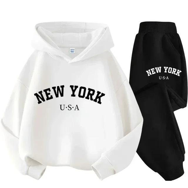 Children's Black Sports Outdoor Letter Print Hooded Sweatshirt 3-12 Years Old Boys and Girls Casual Set Sweatshirt + Pants