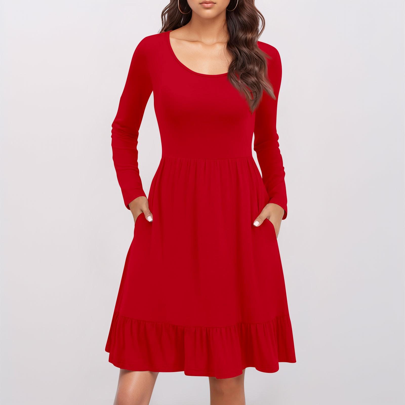 

Женское повседневное платье с круглым вырезом и длинными рукавами, однотонное свободное платье со складками на талии XL