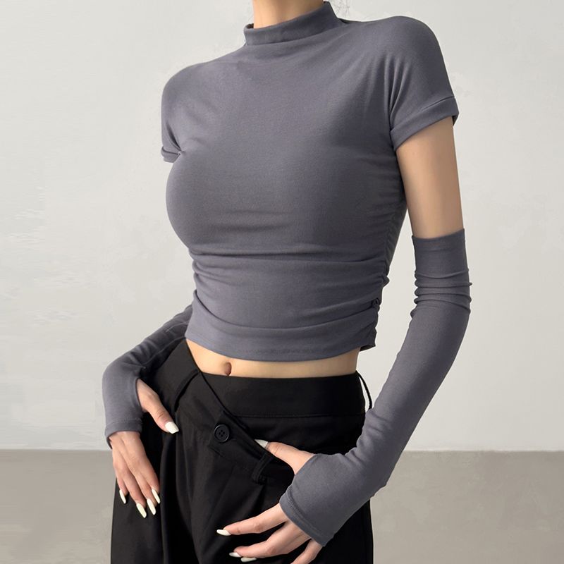 

Spring and Summer Oversleeves Ruched Silm Waist-Controlled Top T-Shirt Gray M