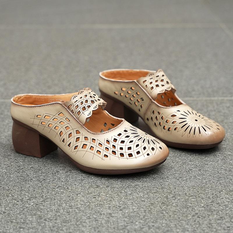 

Тапочки новая женская обувь ретро сандалии женские летние толстый каблук мягкая подошва перфорированные сандалии из коровьей кожи обувь с отверстиями 35 слоновая кость