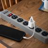 Fargo STEEL TAP Power Strip, Steel, 3-Prong, with Grounding Wire, Wall-Mountable, Fixed Cord (Light Gray, 6 Outlets, 2m)
