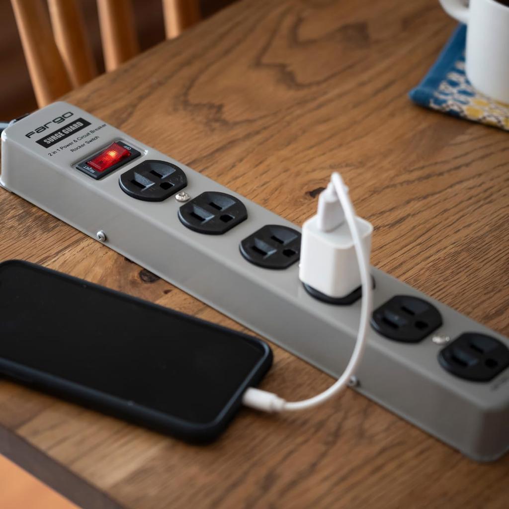 Fargo STEEL TAP Power Strip, Steel, 3-Prong, with Grounding Wire, Wall-Mountable, Fixed Cord (Light Gray, 6 Outlets, 2m)