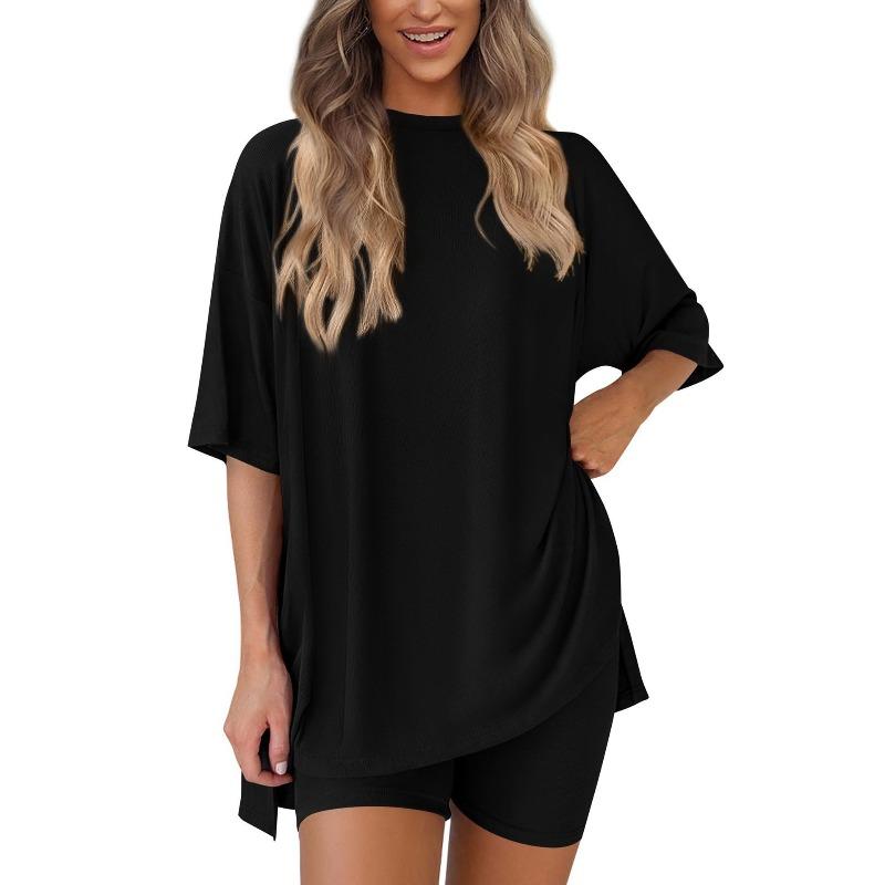 Women's Crew Neck Half Sleeve Oversized T Shirt Biker Shorts Loungewear Two Piece Pajama Set Casual Solid Outfit