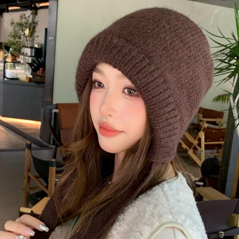 

Лицо маленькая шерстяная шапка-пуловер на шнуровке для улицы защита от ветра и снега защита ушей вязаная шапка бархатная шапка для защиты от холода на Северо-Востоке one size fits all темно-коричневого