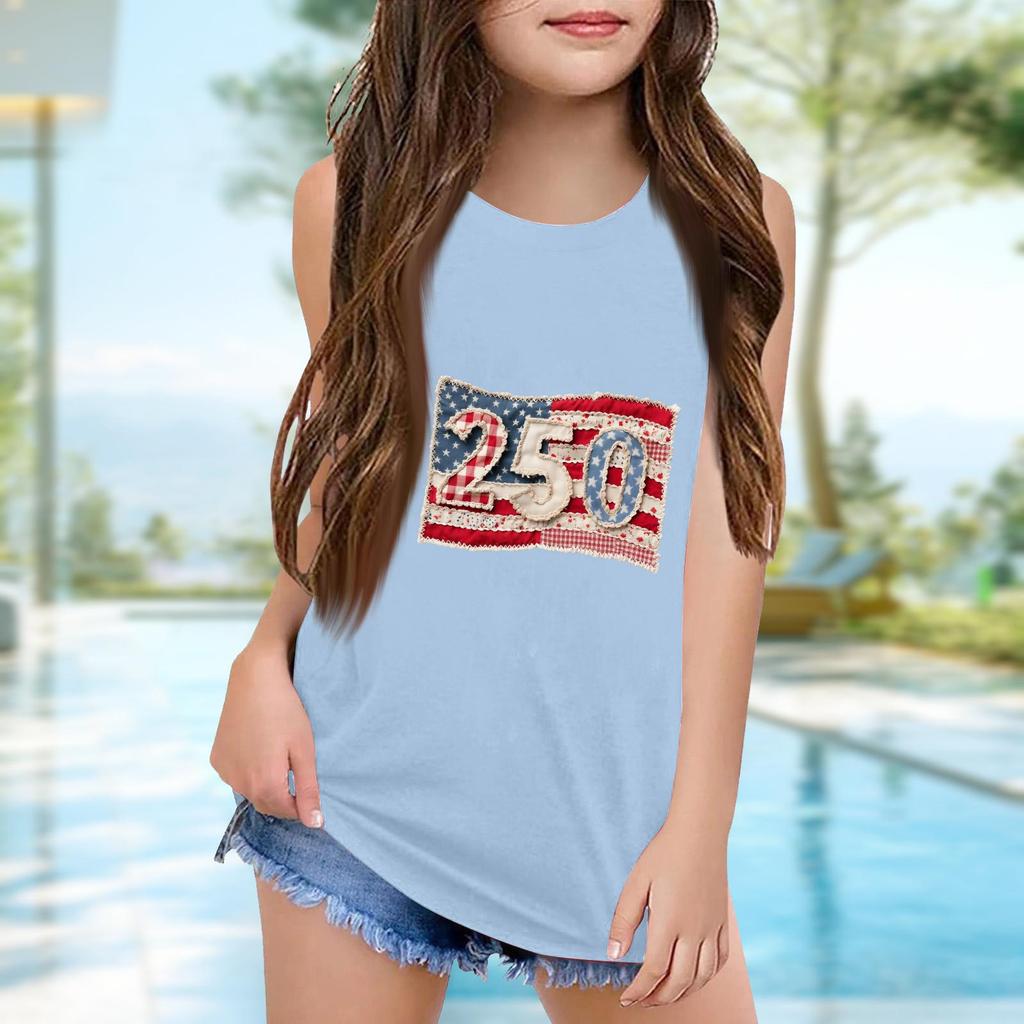 Girls  Kids Summer Crewneck Sleeveless Shirts Tank Tops Independence Day