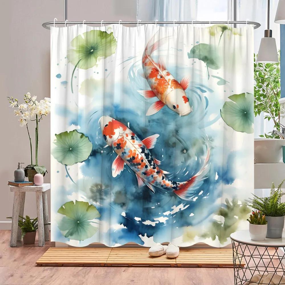 Koi Shower Curtain Asian Landscape Cherry Blossom Plant Pond Lotus Leaf Ink Painting Art Polyester Fabric Bathroom Decor Curtain